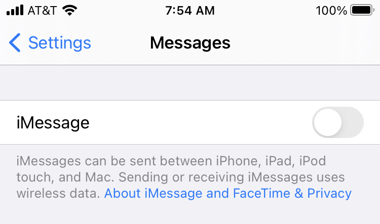 Desactive iMessage en el menú de configuración de Apple