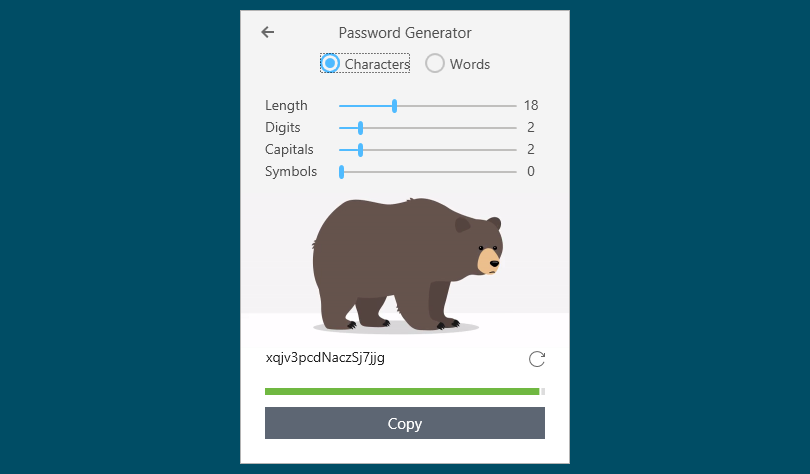 Opciones de juego de caracteres del generador de contraseñas en RememBear