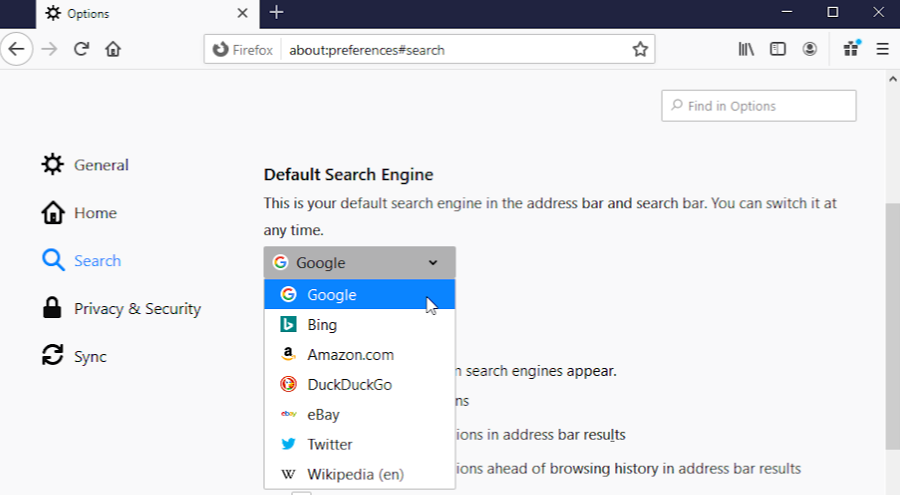Menú de Firefox para elegir su motor de búsqueda predeterminado