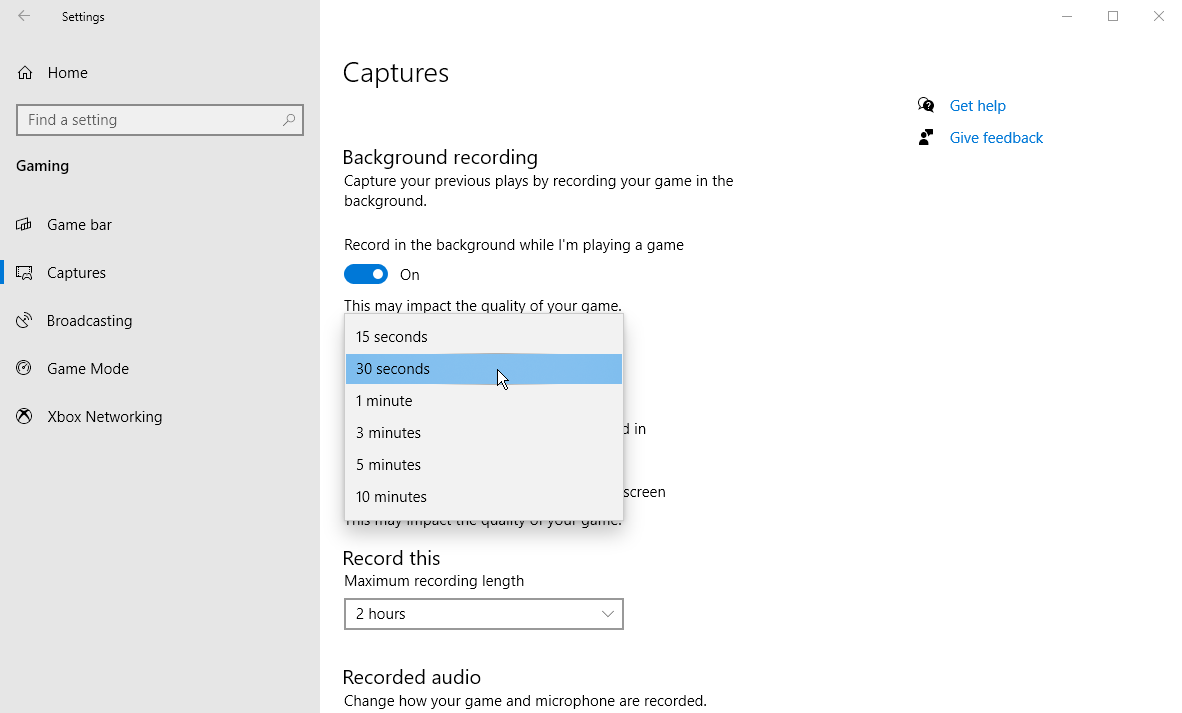 Configuración de captura de pantalla de Windows 10