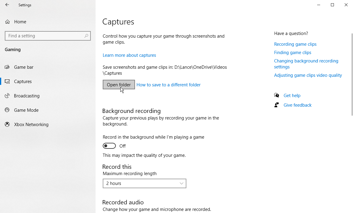 Configuración de captura de pantalla de Windows 10