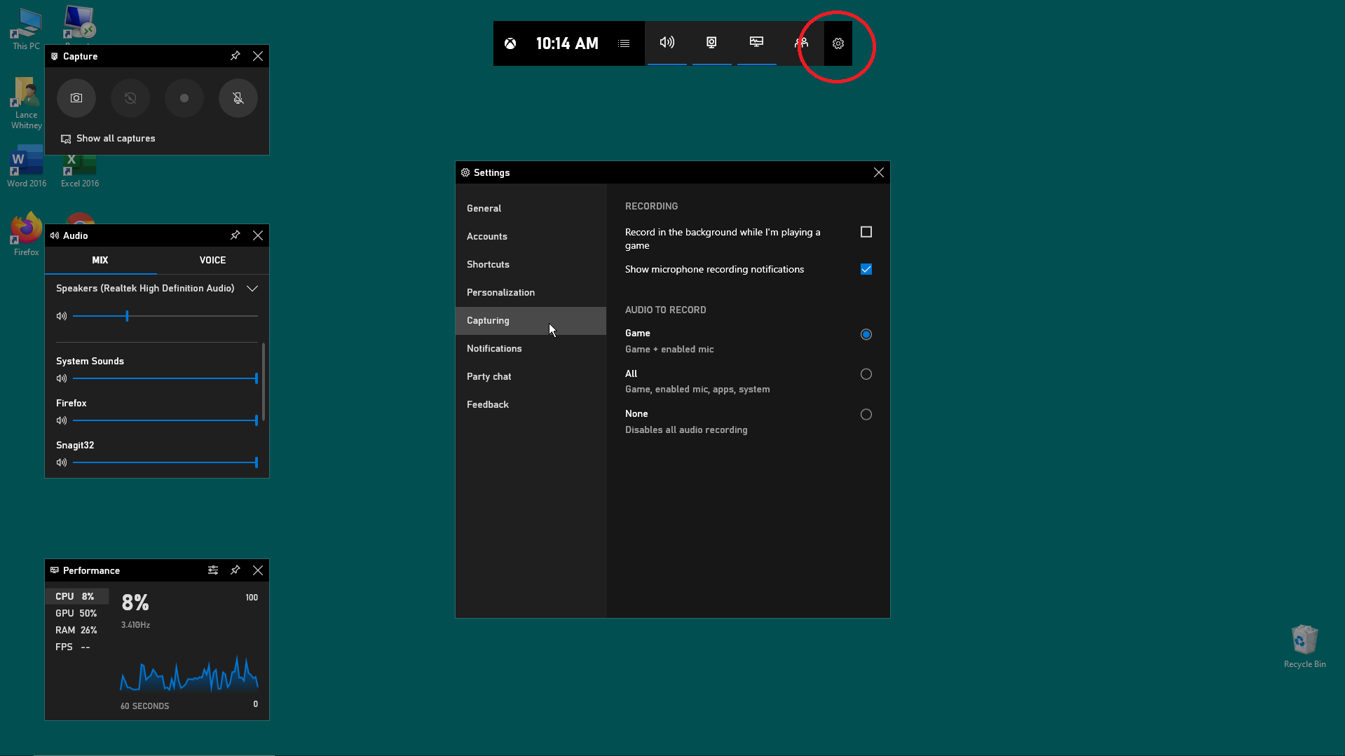 Pantalla de configuración de la barra de juegos