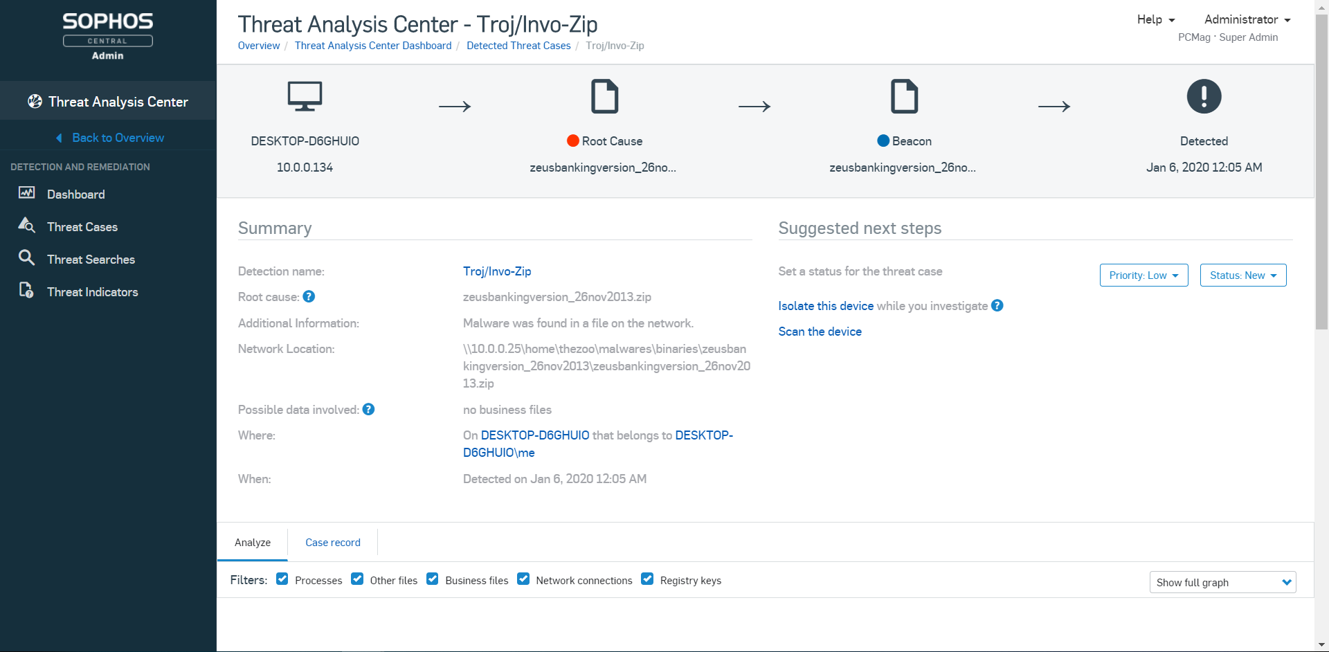Captura de pantalla del análisis de amenazas de Sophos Intercept-X Endpoint Protection