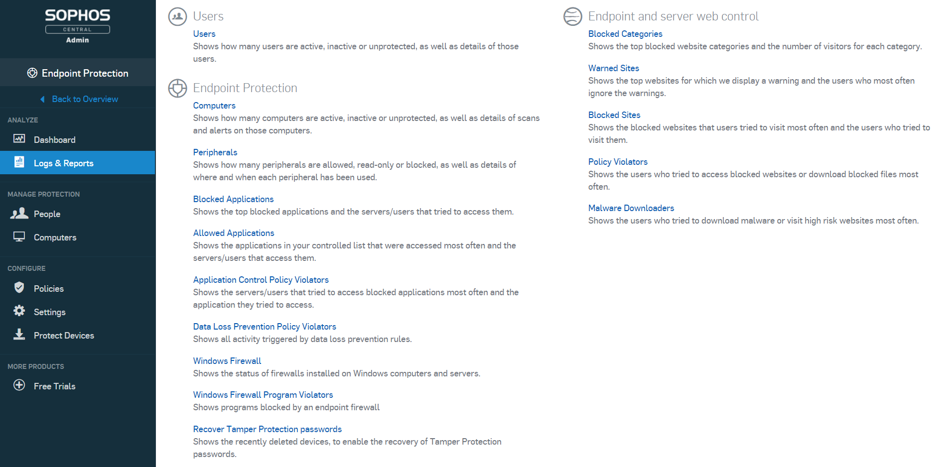 Captura de pantalla de selección de informes de Sophos Intercept-X Endpoint Protection