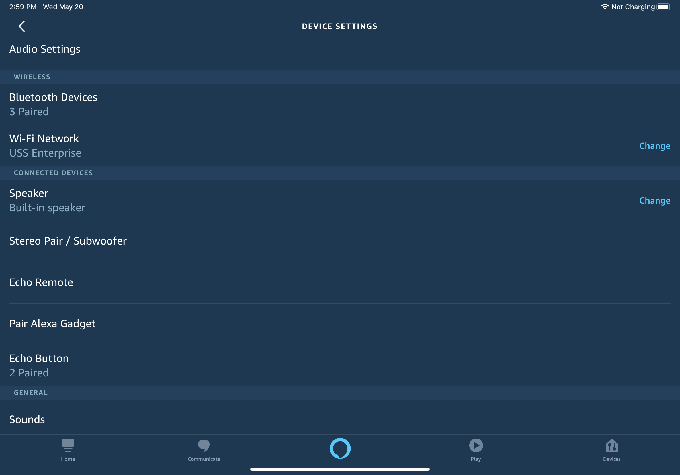 Página de configuración de administración de dispositivos de la aplicación Alexa 