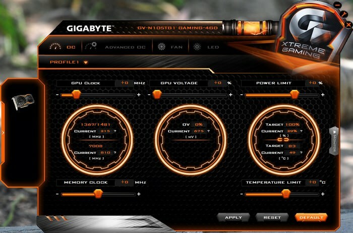Gigabyte GeForce GTX 1050 Ti G1 Gaming 4G (pantalla principal del software)