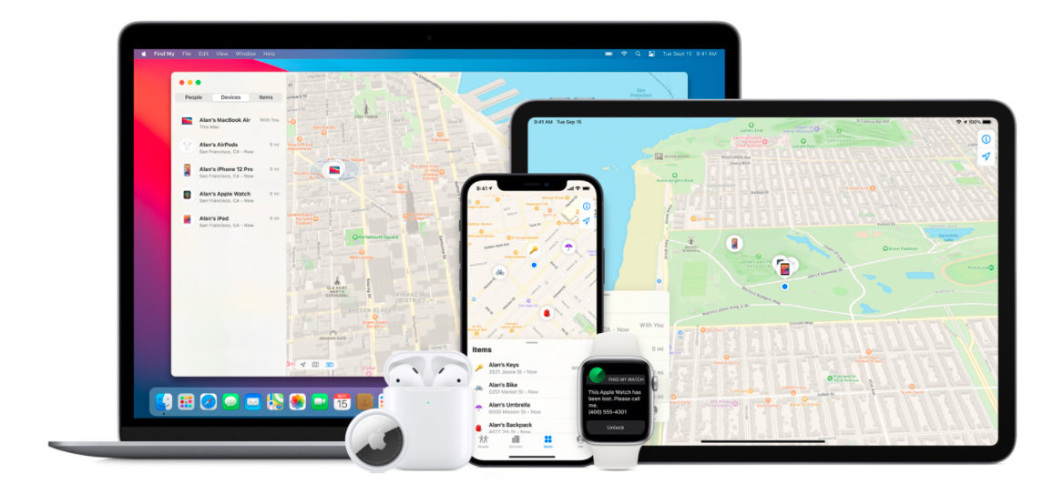 Encontrar mi aplicación abierta en MacBook, iPad, iPhone, Apple Watch y AirPods están colocados al frente