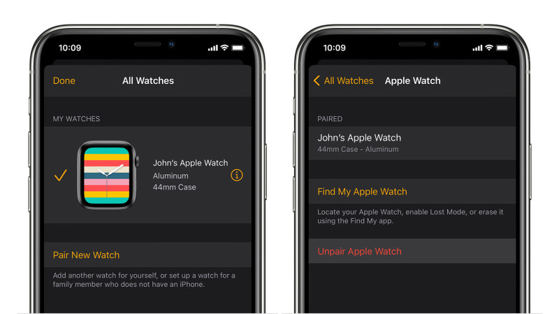 Dos pantallas de iPhone que muestran el proceso de desvinculación que se describe a continuación