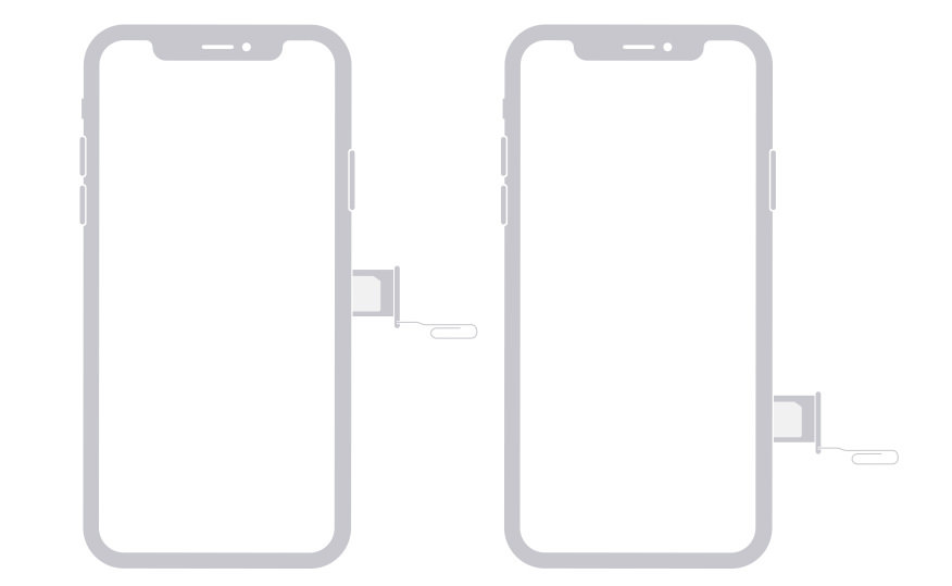Esquema de dos iPhones, cada uno con la bandeja SIM abierta