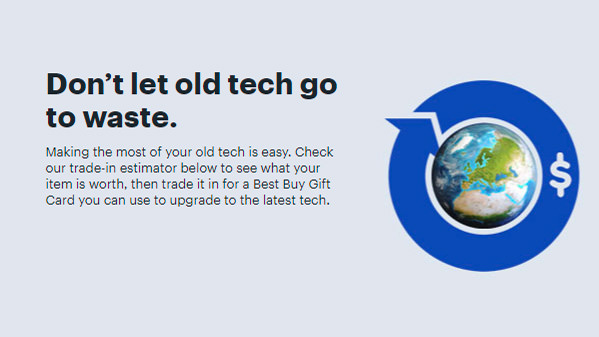Imagen del sitio web de Best Buy que dice "no dejes que la buena tecnología se desperdicie"