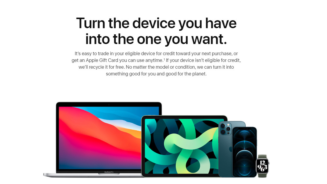 Captura de pantalla del sitio Apple Trade In con varios dispositivos Apple y 