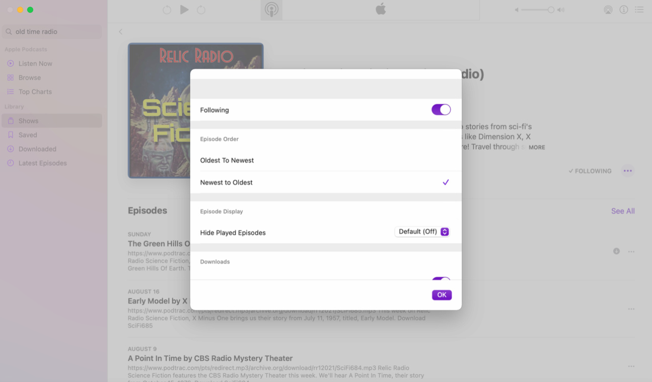 configuración de podcast