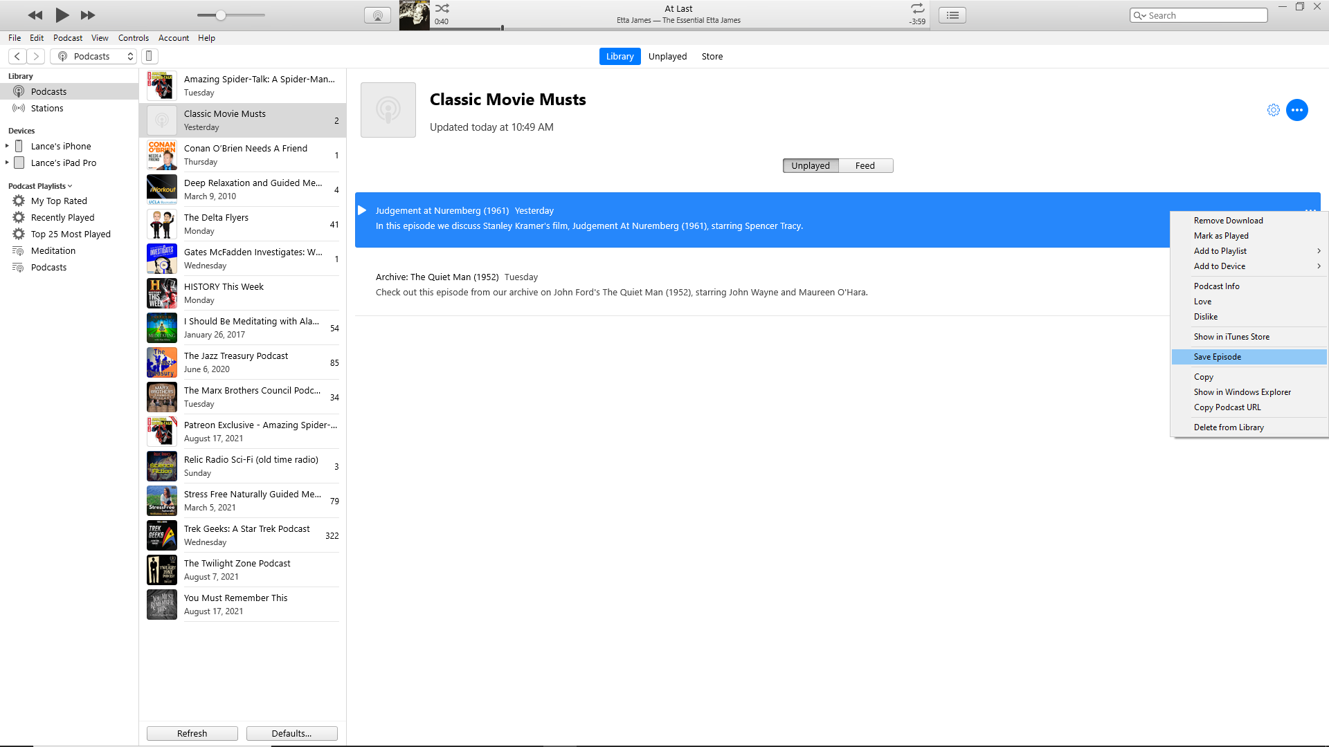 menú de episodios de itunes