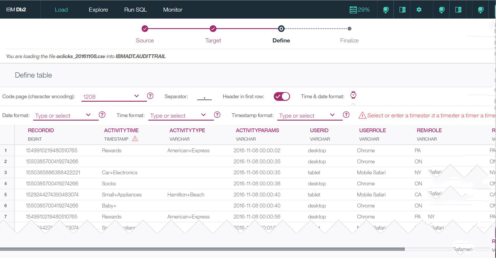 IBM Db2 en la nube: definir tabla