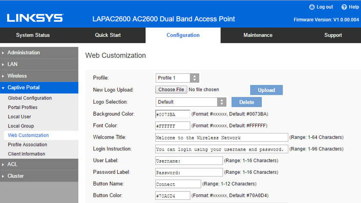 Linksys LAPAC2600: la página de presentación del portal cautivo es breve y simple.