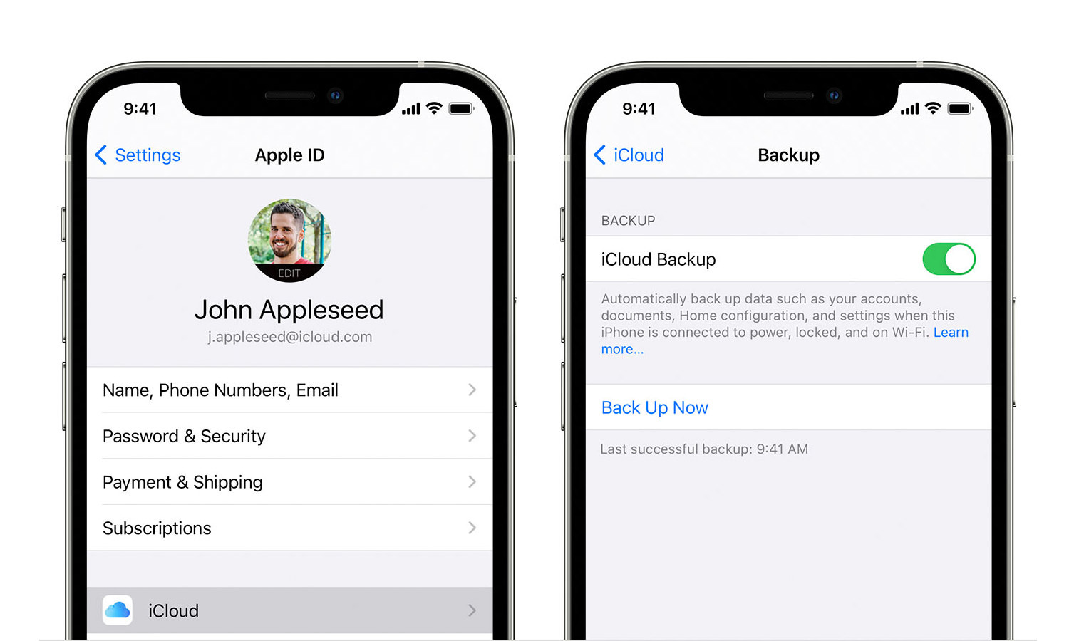 Dos pantallas de iPhone que muestran el proceso de copia de seguridad que se describe a continuación