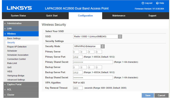 Linksys LAPAC2600: la seguridad se puede configurar por radio e identificador de conjunto de servicios (SSID).